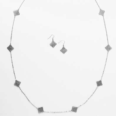 Silver Metallic Squares Necklace and Earrings Set