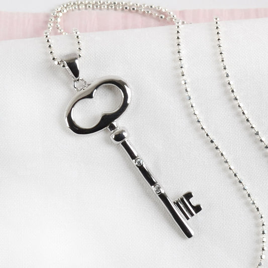 Silver Key with CZ Necklace