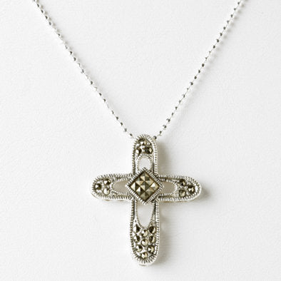 Glittering Marcasite and Silver Cross Necklace