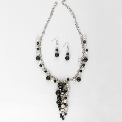 Faux Pearl, Onyx, and Crystal Beaded Drop Necklace and Earrings Set