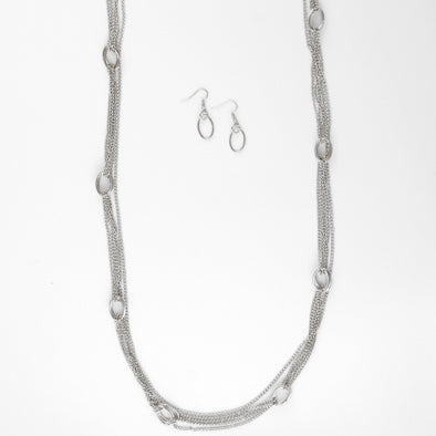 Silver Ovals and Chains Necklace and Earrings Set