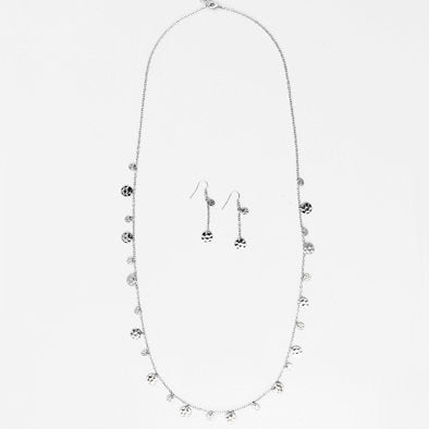 Silver Disks Long Chain Necklace and Earrings Set