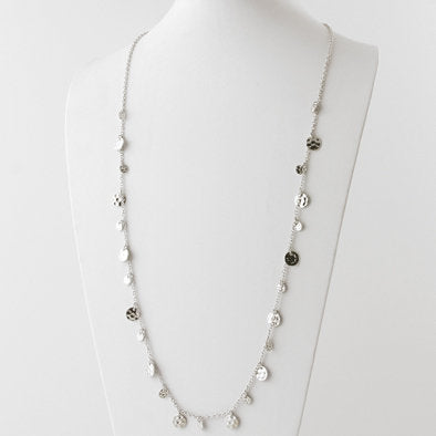 Silver Disks Long Chain Necklace and Earrings Set