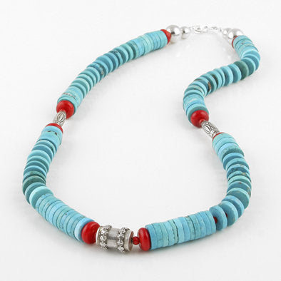 Kingman Turquoise and Red Coral Necklace