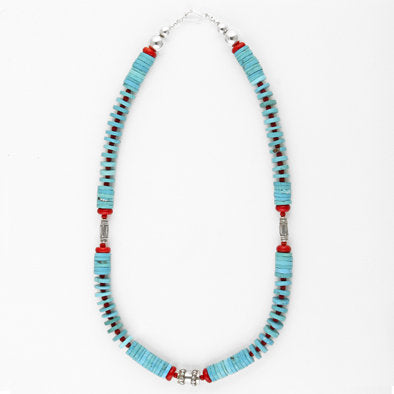 Kingman Turquoise and Red Coral Necklace