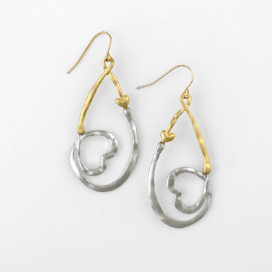 Gold and Silver Teardrop with Heart Earrings