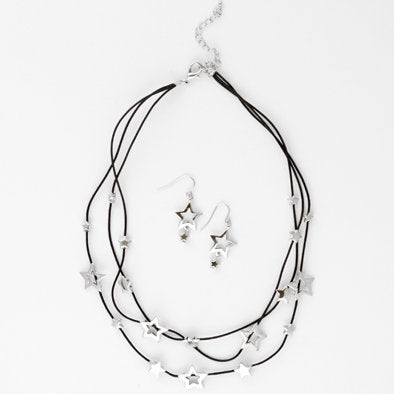 Silver Stars Layered Necklace and Earrings Set