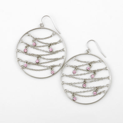 Silver with Pink Rhinestones Hoop Earrings