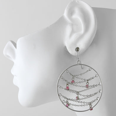 Silver with Pink Rhinestones Hoop Earrings