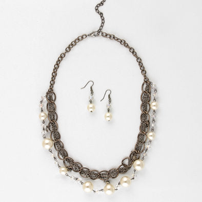Faux Pearl and Crystal Layered Chain Necklace and Earrings Set