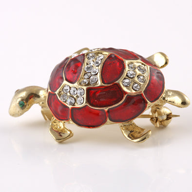 Cute Red Turtle Pin with Austrian Crystals