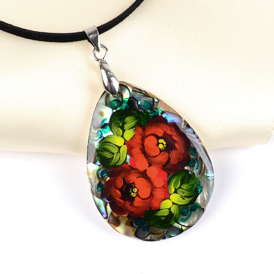 Red Zhostovo on Abalone Necklace