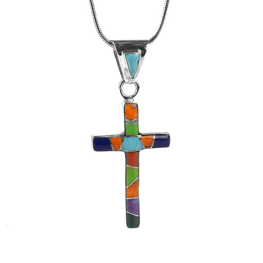 Colorful Inlaid Gemstone Cross Pendant