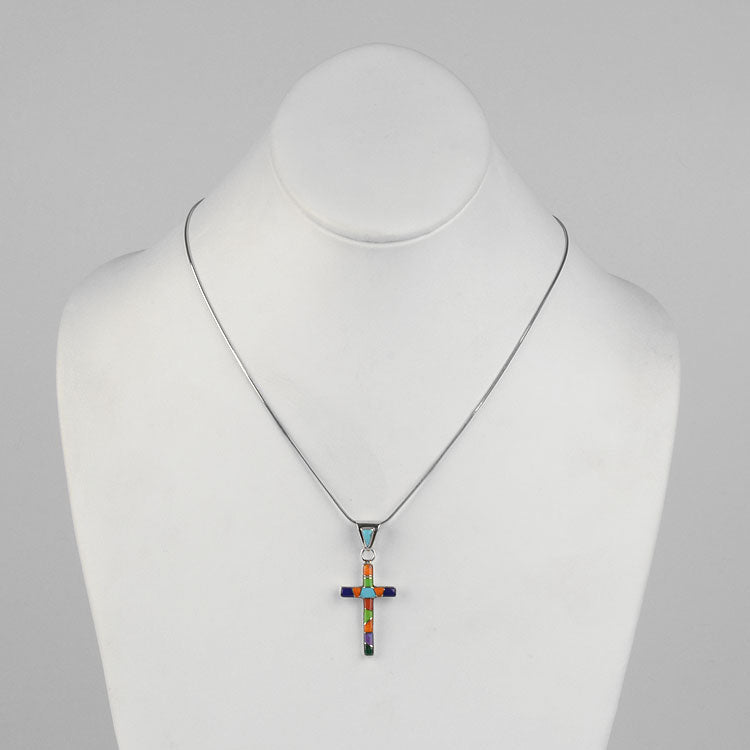 Colorful Inlaid Gemstone Cross Pendant