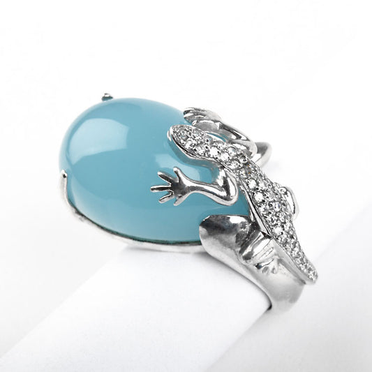 Silver Lizard on Chalcedony Ring