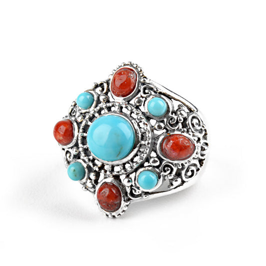 Turquoise & Coral in Silver Ring