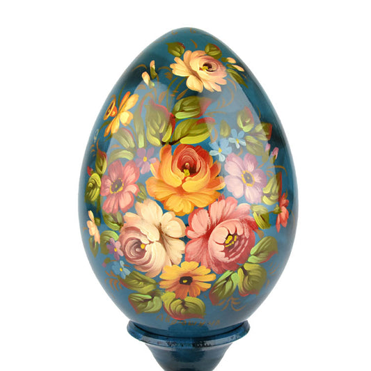 Blue Wooden Egg with Flowers