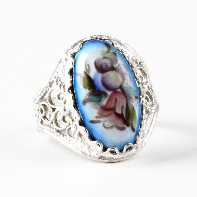 Blue Floral Finift Enamel Ring