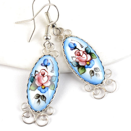 Blue Oval Finift Hook Earrings