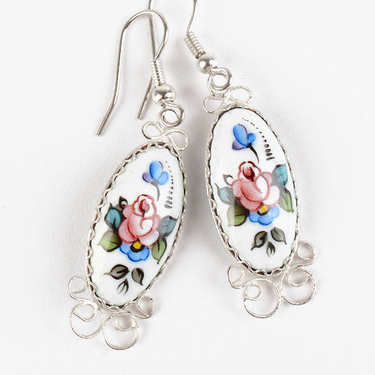 White Enamel Rostov Rose Earrings