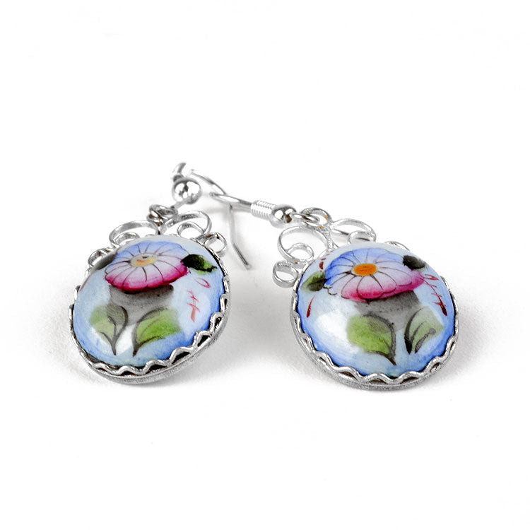 Blue Russian Finift Flower Earrings