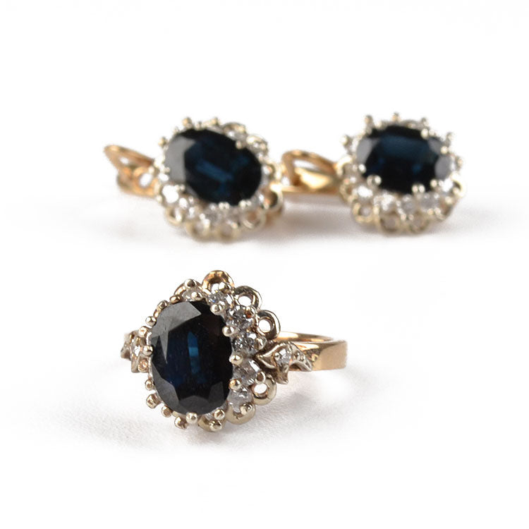 Vintage Blue Sapphire Ring & Earrings Set