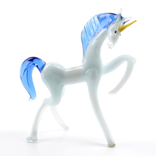 White Glass Unicorn Figurine with Blue Mane