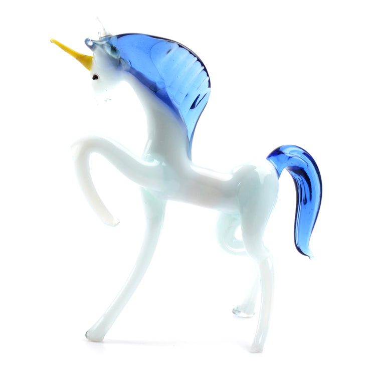 White Glass Unicorn Figurine with Blue Mane