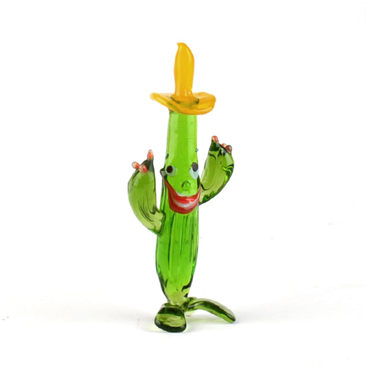 Yellow Hat Happy Cactus Glass Figurine