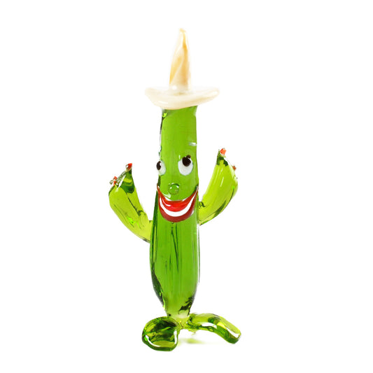 Happy Cactus Glass Figurine White Hat