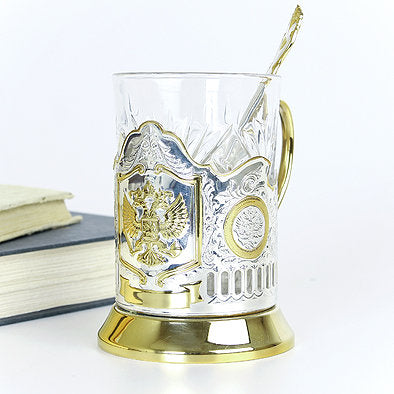 Russian Crest Gold Plated Tea Glass Holder Set