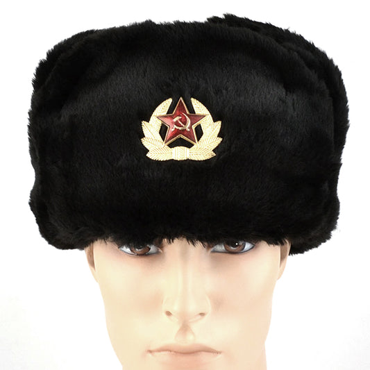 Faux Fur Military Ushanka Hat with Soviet Emblem
