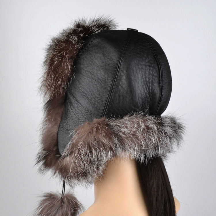 Silver Fox Fur Hat with Pom Poms