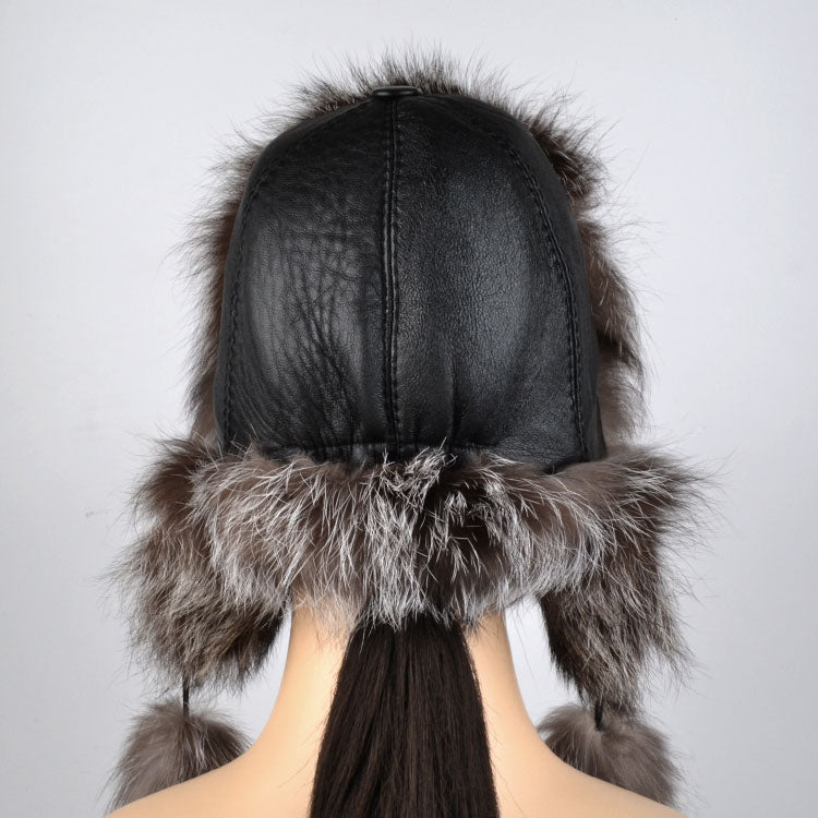 Silver Fox Fur Hat with Pom Poms