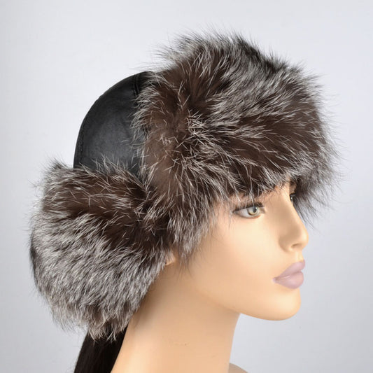 Silver Fox Fur Hat with Pom Poms