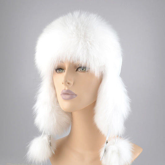 White Fox Fur and Leather Hat