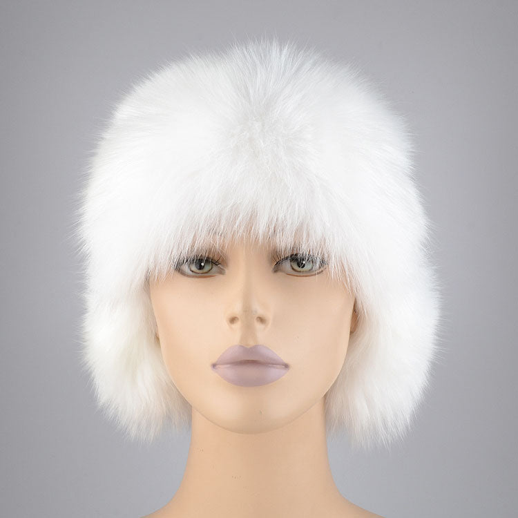 White Fox Fur and Leather Hat
