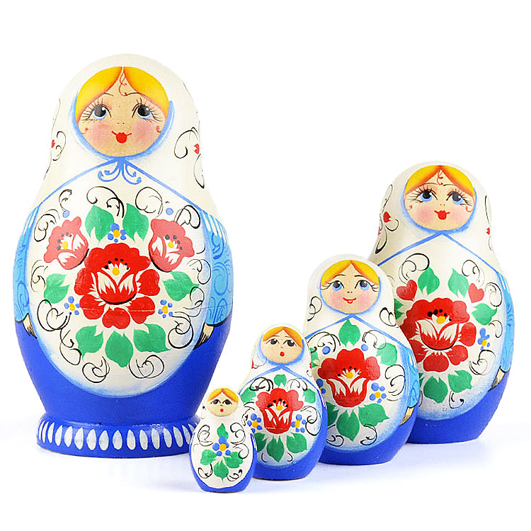 Blue and White Floral Babushka Doll