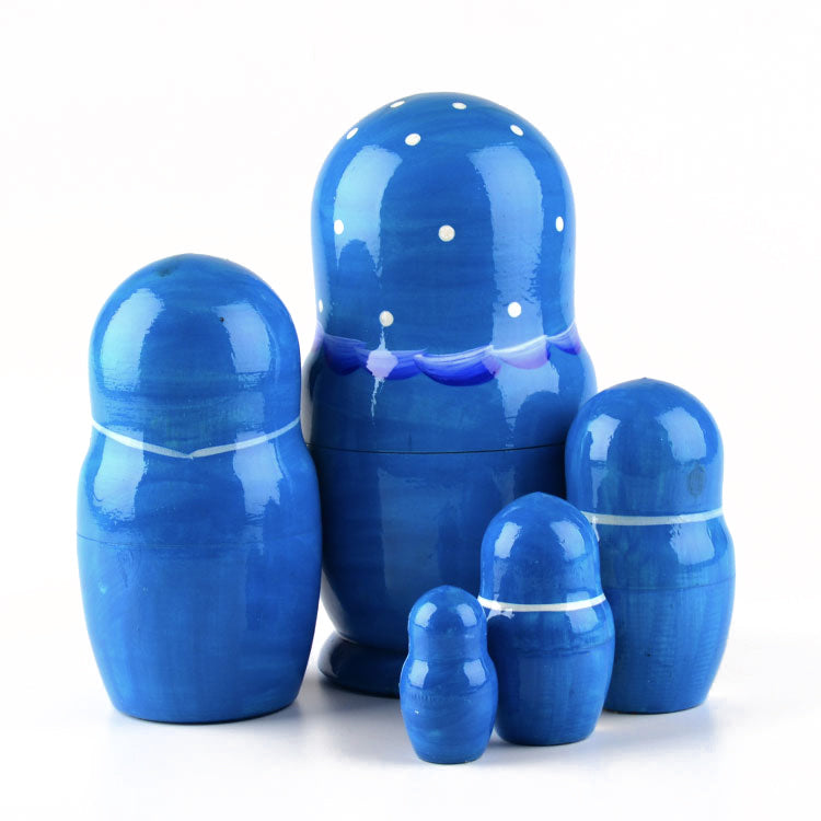 Blue Russian Nesting Doll with Flowers