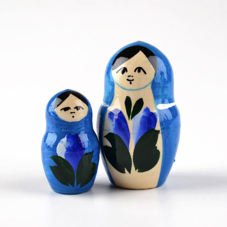 Blue Russian Nesting Doll with Flowers