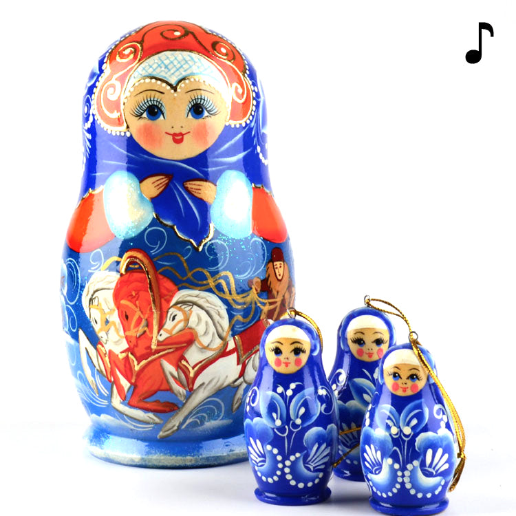 Musical Russian Troika Doll with Ornaments