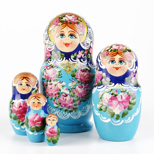 Blue Nested Doll with Pink Flowers