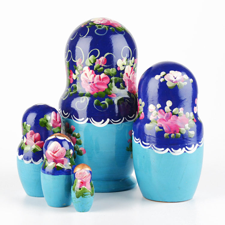 Blue Nested Doll with Pink Flowers