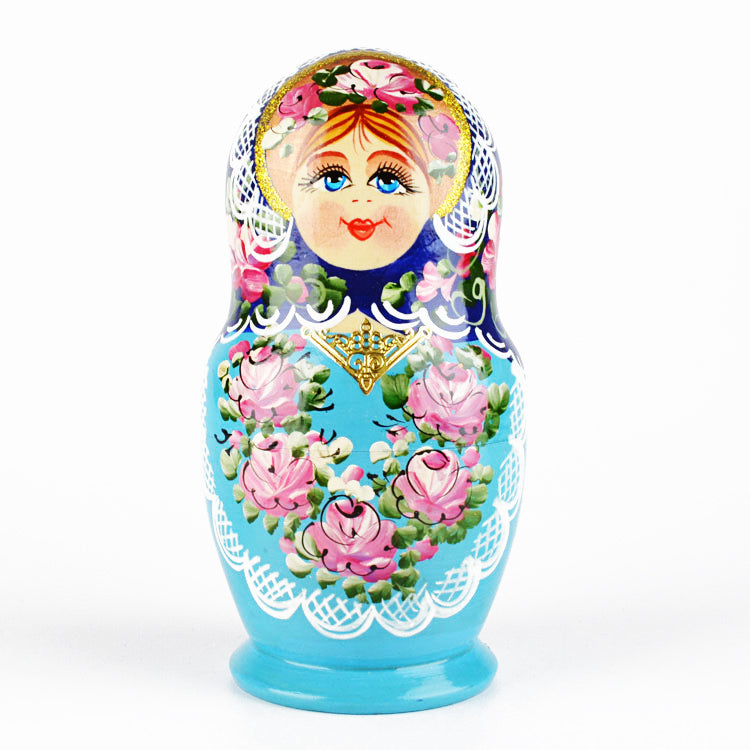 Blue Nested Doll with Pink Flowers