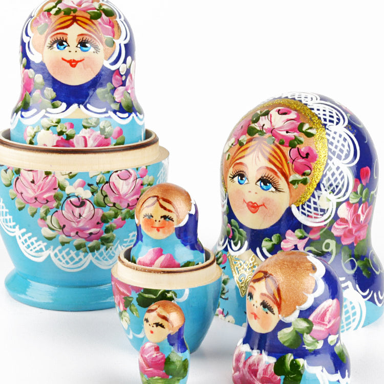 Blue Nested Doll with Pink Flowers