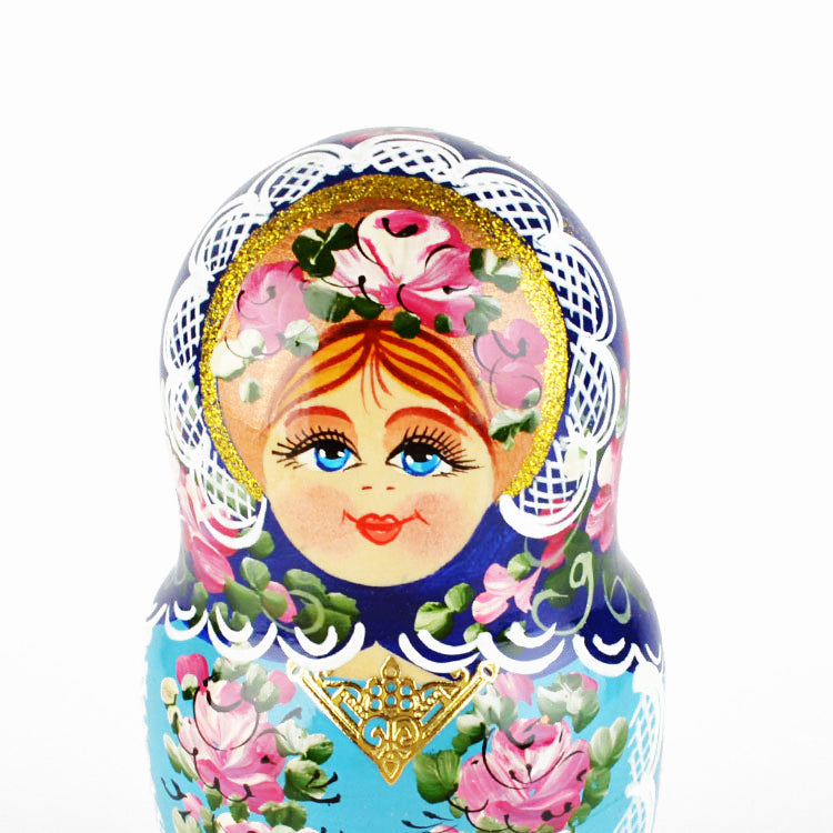 Blue Nested Doll with Pink Flowers